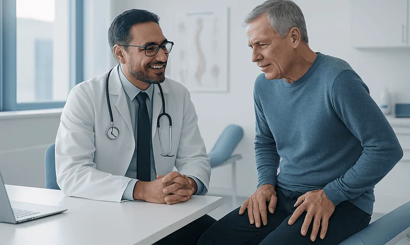 Doctor consulting with an older male patient about nerve pain treatment.