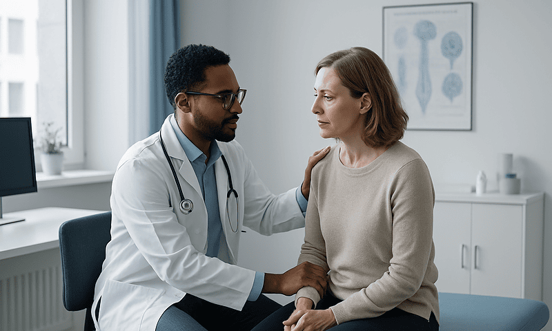 Doctor consulting with a female patient in a medical office.