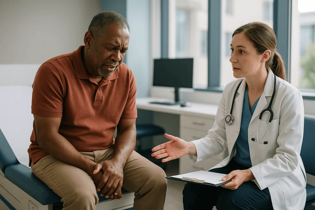 Doctor consulting with male patient in clinic office: Neuropathic pain symptoms: how nerve pain actually feels