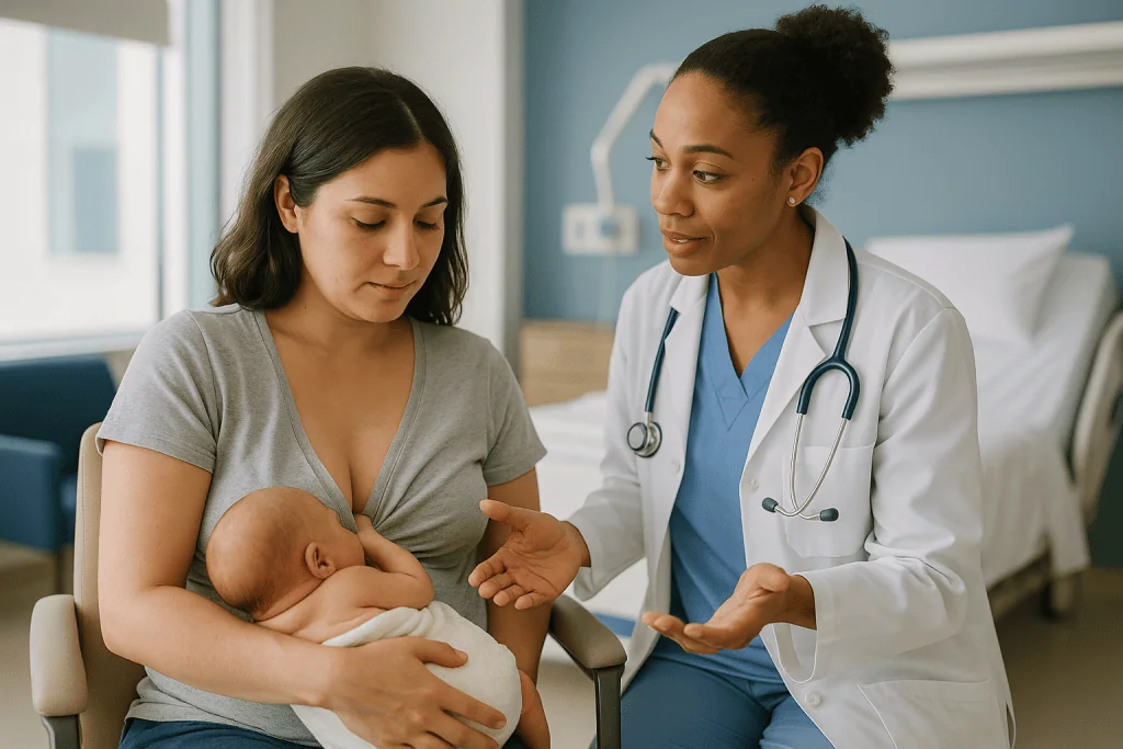 Doctor consulting mother holding newborn infant: Newborn jaundice after phototherapy: how long does it usually last?