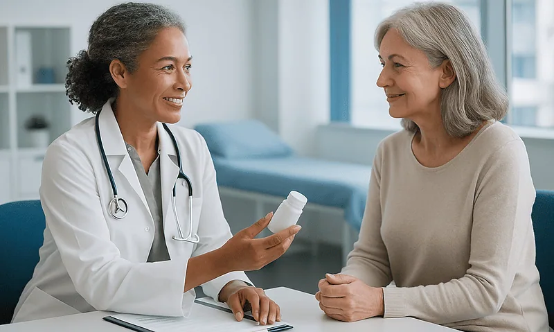 Doctor discussing medication with an older female patient in a clinic.