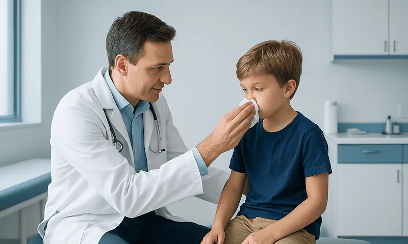 Pediatric doctor examining a young boy with a tissue in a clinic setting.