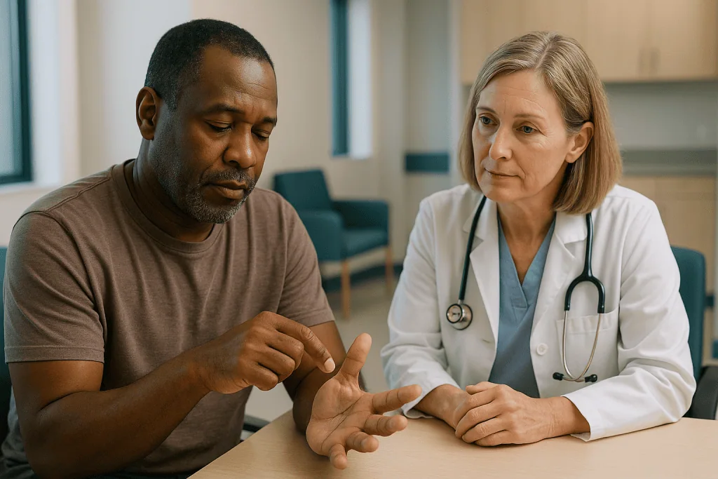 Doctor examining patient's hand in clinical consultation: Numbness after hand surgery: what it usually means