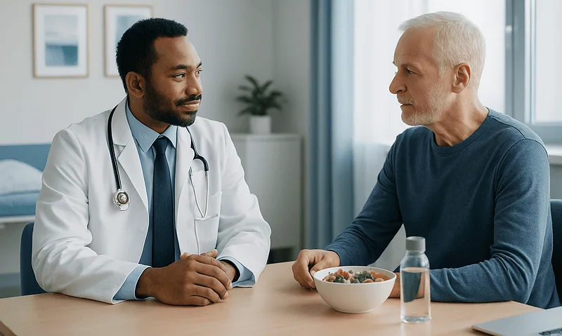 Doctor consulting with an elderly patient in a medical office.