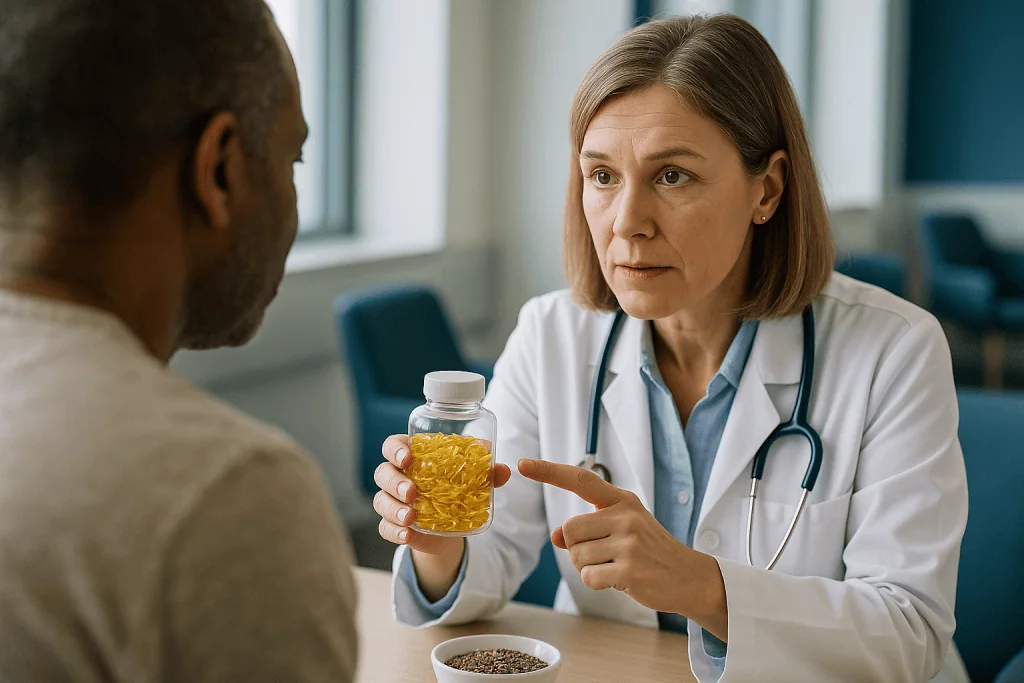 Doctor consulting patient about supplement bottle contents: Omega-3 in flax, chia and hemp seeds: why ALA is not the same as