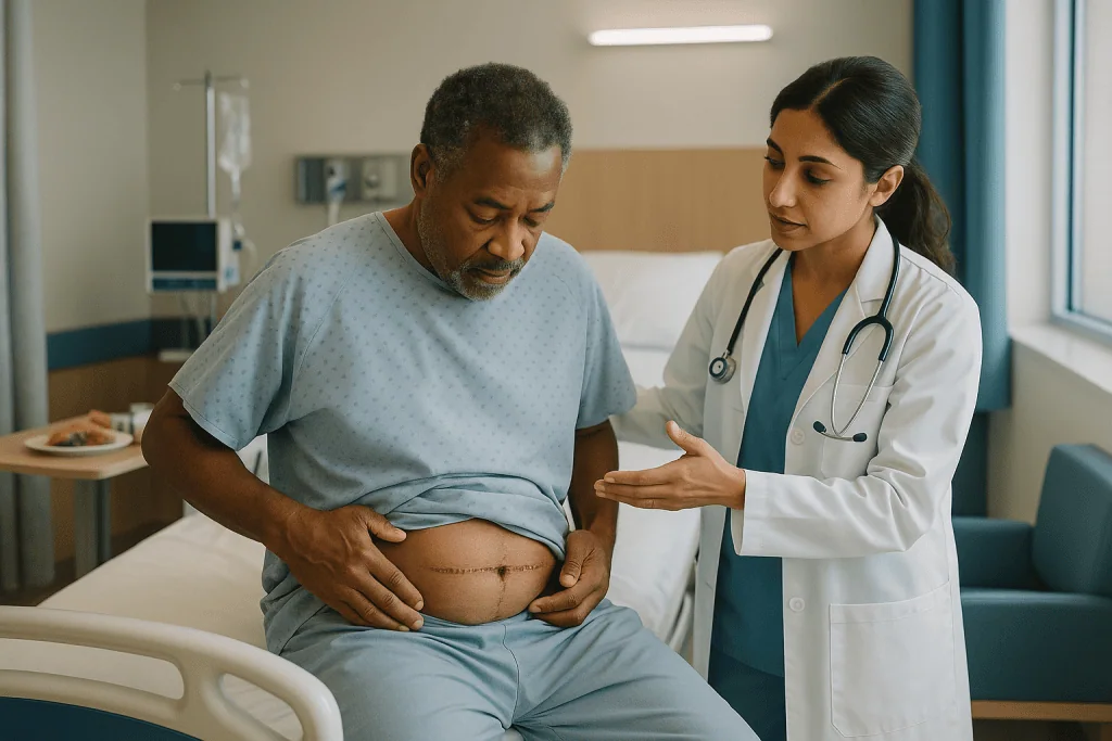 Doctor examining patient's abdomen in hospital room: Open repair vs EVAR: how the approach shapes your recovery