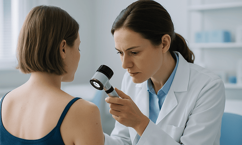 Dermatologist examining scalp with magnifying glass in clinic.