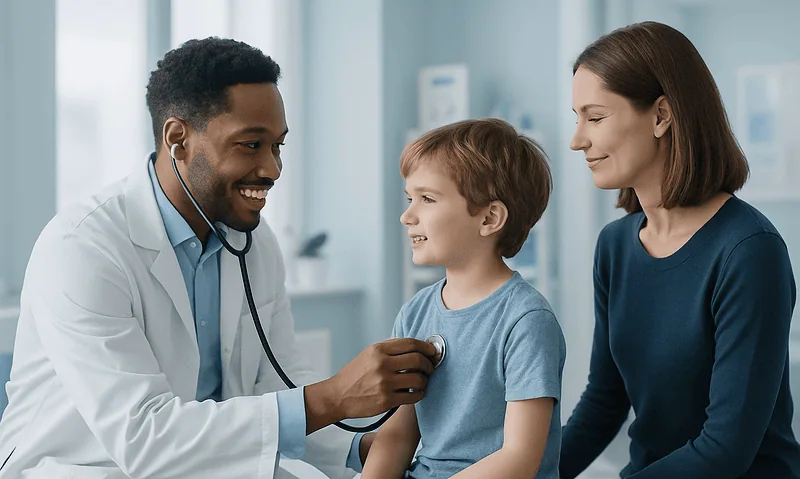 Pediatric doctor examining a young boy with his mother in a clinic setting.