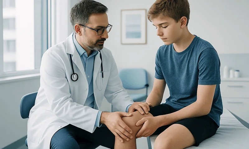 Doctor examining a young boy's knee in a medical office.