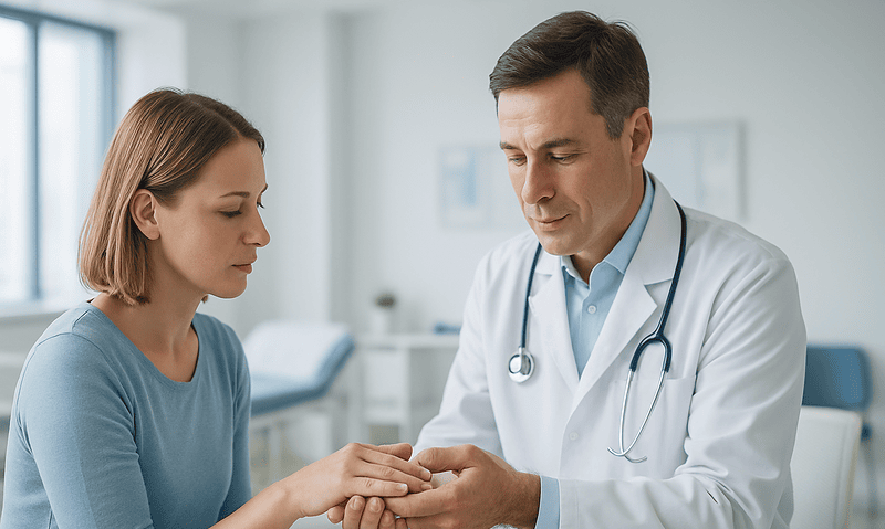 Doctor examining patient's hand in a medical consultation room.