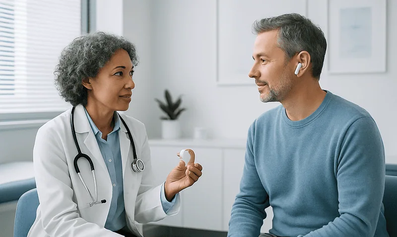 Doctor explaining hearing aid options to a patient in a clinic setting.