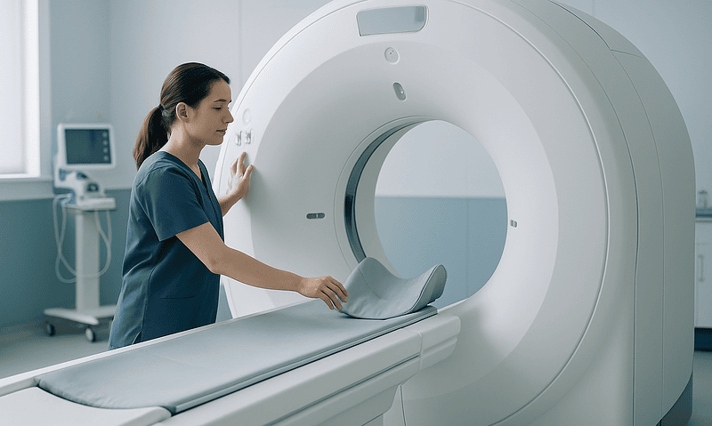 Medical technician prepares MRI scan in a modern hospital room.