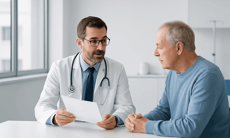 Doctor consulting with an elderly patient in a medical office.