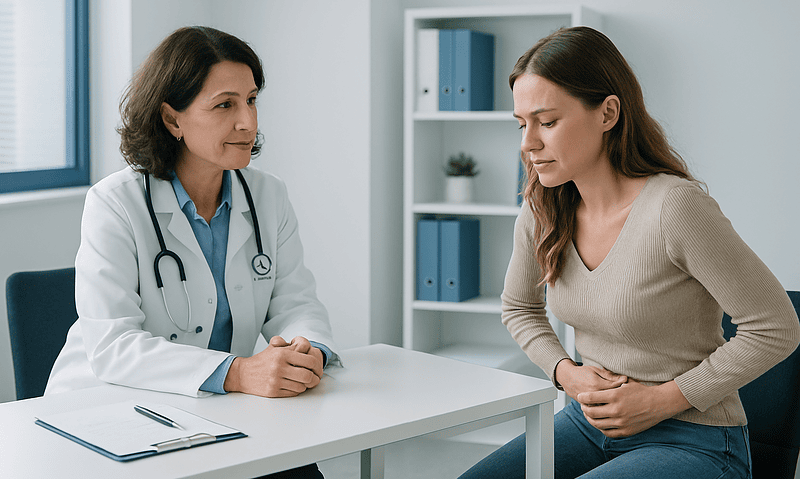 Doctor consulting with a woman patient in a medical office.