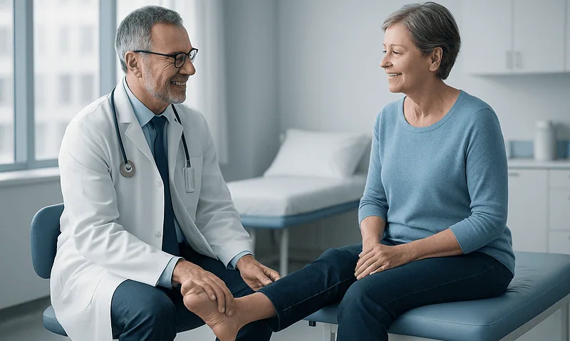 Doctor examining a patient's foot in a modern clinic setting.