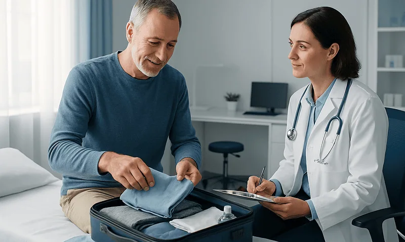 Patient packing personal items for urological surgery consultation.