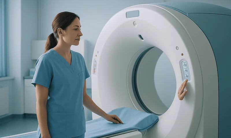 Medical professional preparing for an MRI scan in a hospital setting.