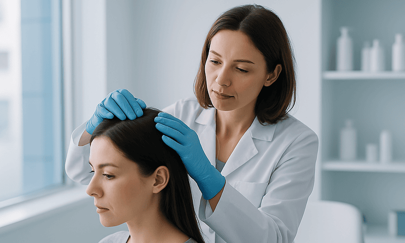 Doctor examining woman's scalp for hair loss at Acibadem Hospital.