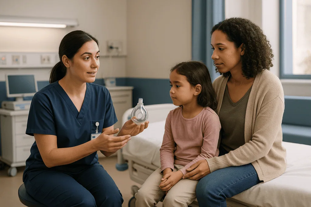 Healthcare provider discussing medical device with mother and child: Pediatric anesthesia: what to expect at the pre-operati