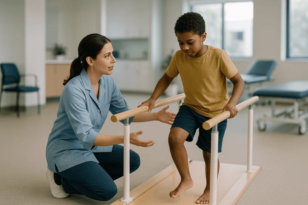 Pediatric physical therapist guiding child's balance exercise: Pediatric physical therapy milestones: a map, not a scoreboar