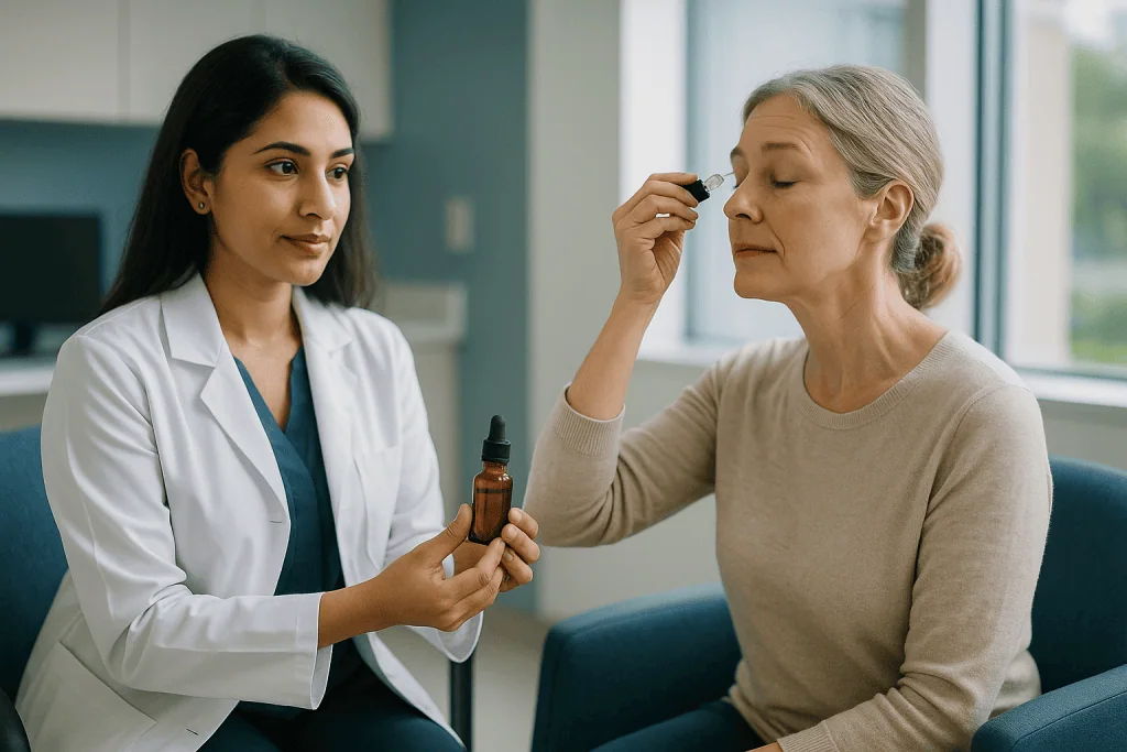 Doctor demonstrating skincare product application to patient: Peptides and the "Botox in a bottle" promise