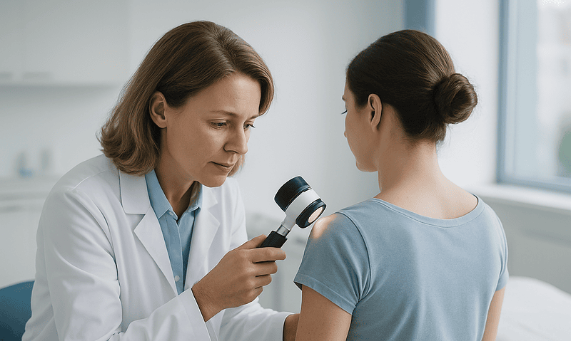 Doctor examining patient's skin with a dermatoscope in a clinical setting.