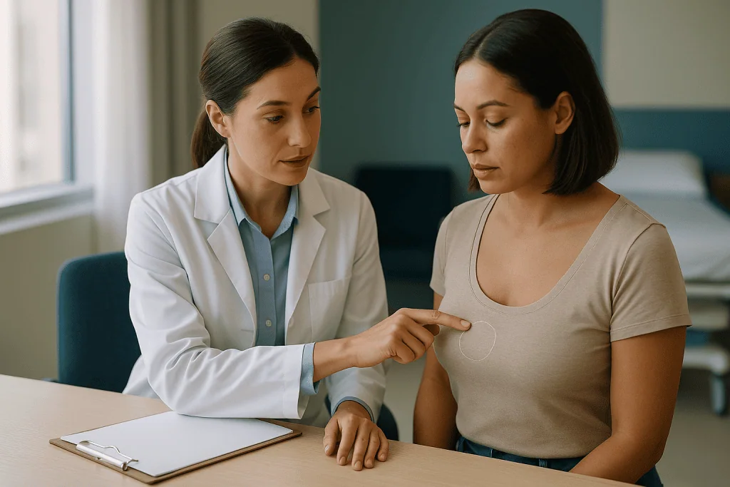 Doctor consulting with female patient in clinical office: Periareolar incision: around the edge of the areola