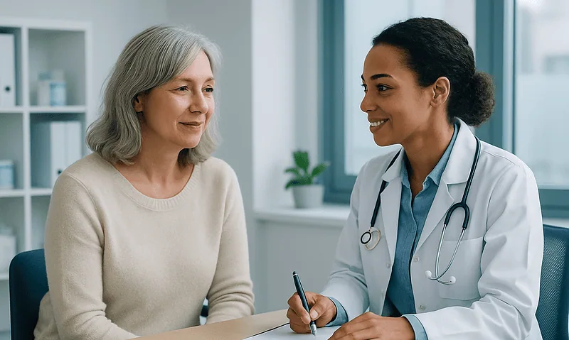 Doctor consulting with an older woman in a medical office.
