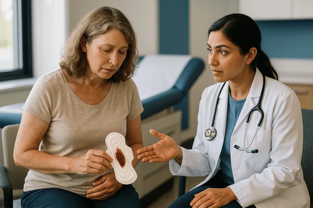 Doctor consulting middle-aged woman about menstrual pad: Perimenopause heavy periods: how heavy is too heavy?
