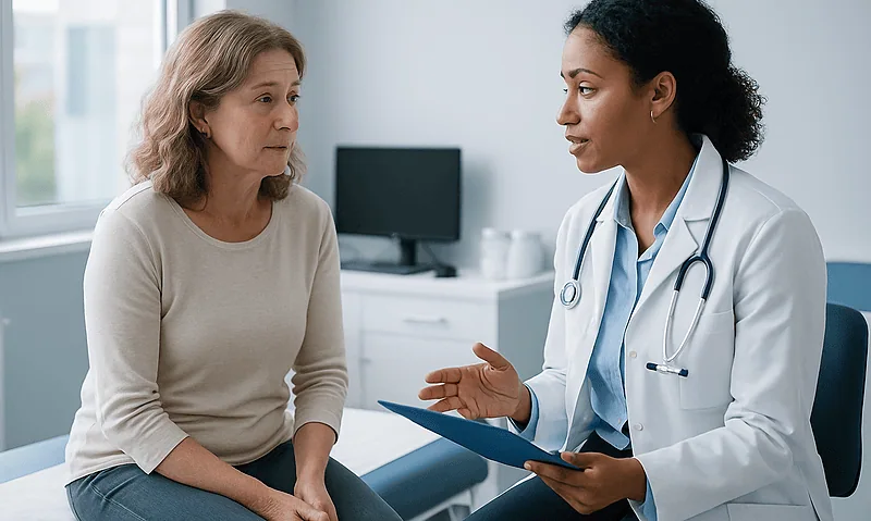 Perimenopause Periods: Heavier, Closer, Longer: What Is Normal and What Needs Checking 2 Doctor consulting with middle-aged woman about health concerns.