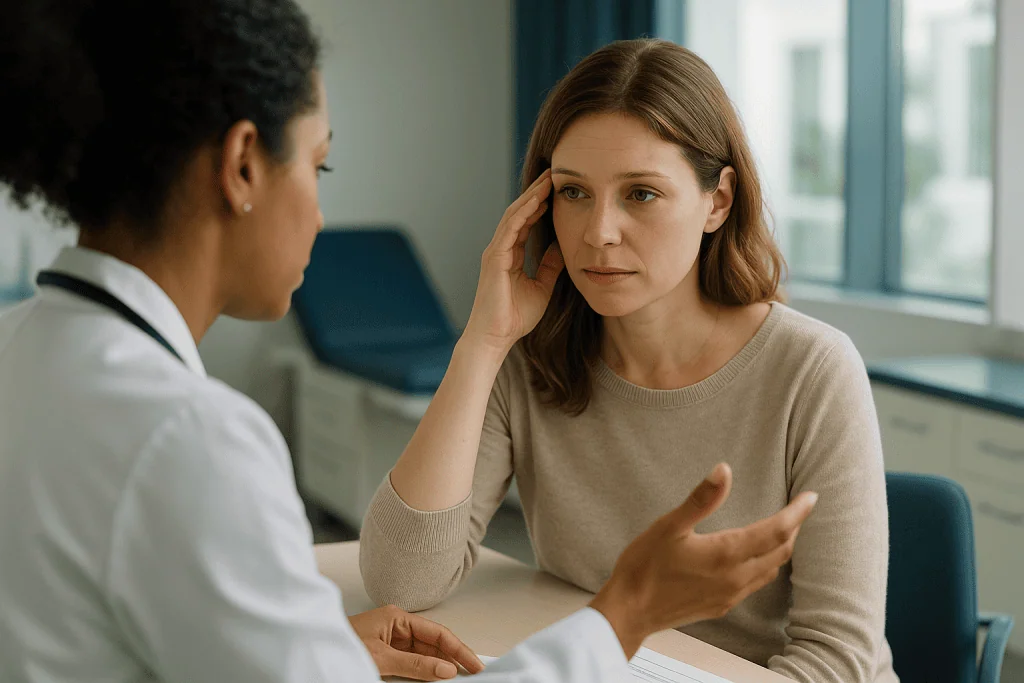 Female patient consulting with female doctor in clinical setting: Perimenopause signs at 35: what is realistic?