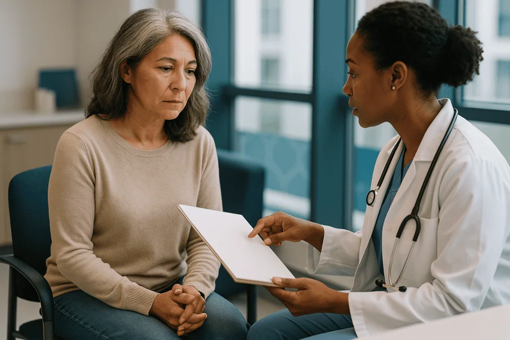 Doctor consulting with mature woman patient about health: Perimenopause stages: early transition, late transition, and the f