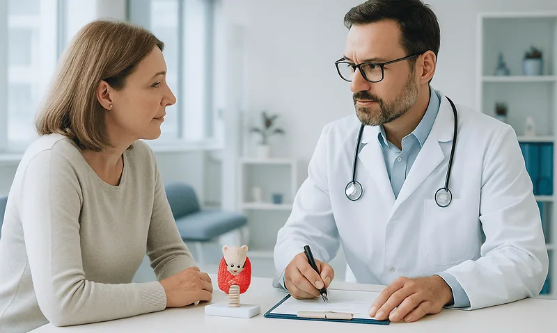 Doctor consulting with a woman patient in a medical office.