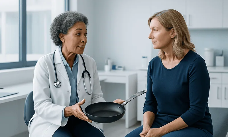 Doctor explaining kitchen chemical risks to patient in clinic setting.