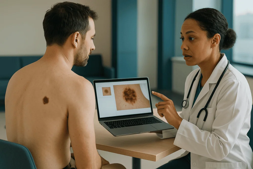 Dermatologist consulting patient about skin lesion images: Photo mapping and digital dermoscopy: how change is actually trac