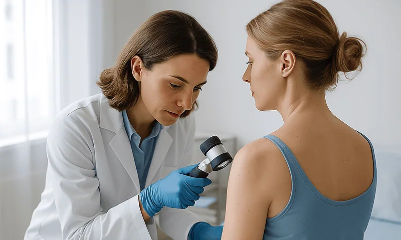 Dermatologist examining patient's skin with a magnifying glass in clinic.