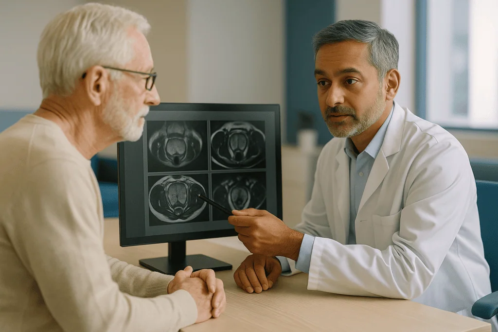 Doctor reviewing MRI brain scans with elderly patient: PI-RADS score meaning: how radiologists grade what they see