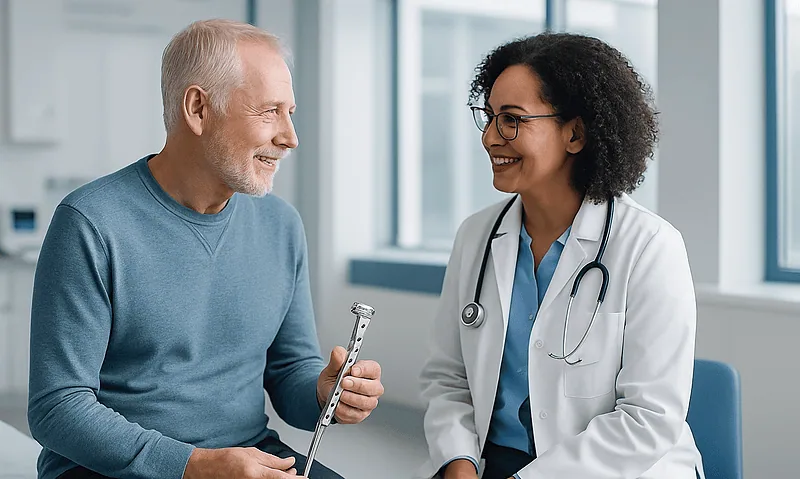 Doctor consulting with an elderly male patient in a hospital setting.