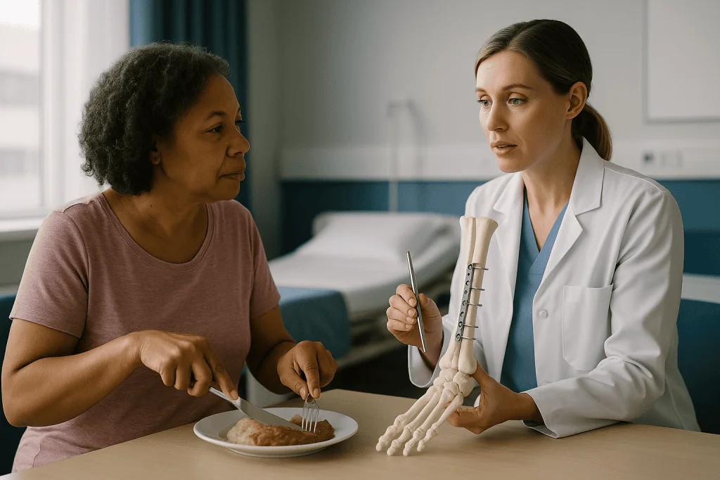 Doctor consulting patient about food during meal: Plates, screws, rods and pins: which device is used for which break?