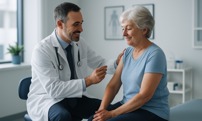 Doctor consulting with an elderly woman in a medical office.