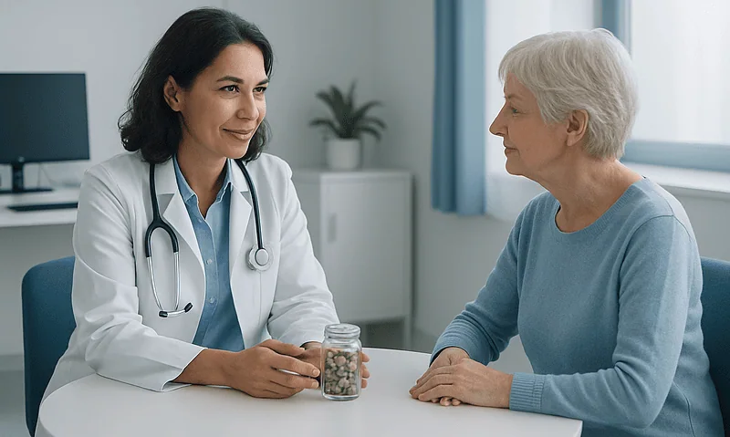 Doctor consulting with elderly patient in a medical office.