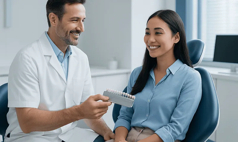 Dentist showing porcelain veneers to a patient in a dental clinic.