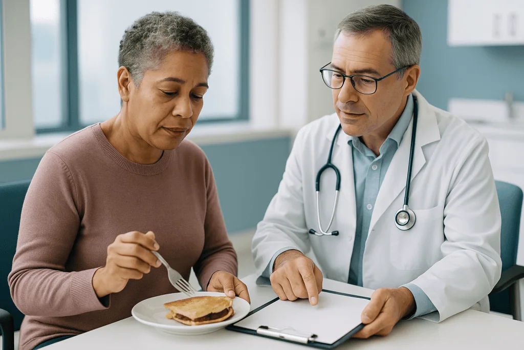 Doctor and patient discussing food during consultation: Post-void residual: what is left behind matters as much as what came