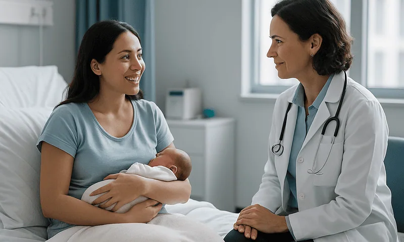 Mother with newborn and doctor in hospital room.