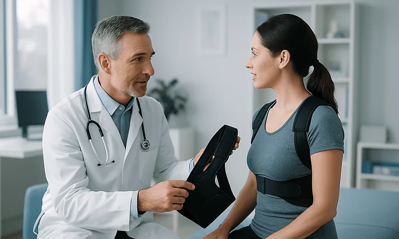 Doctor explaining posture support device to patient in clinic setting.