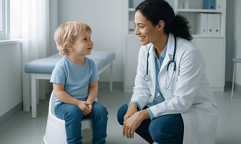 Pediatrician talking to a young boy in a medical office.