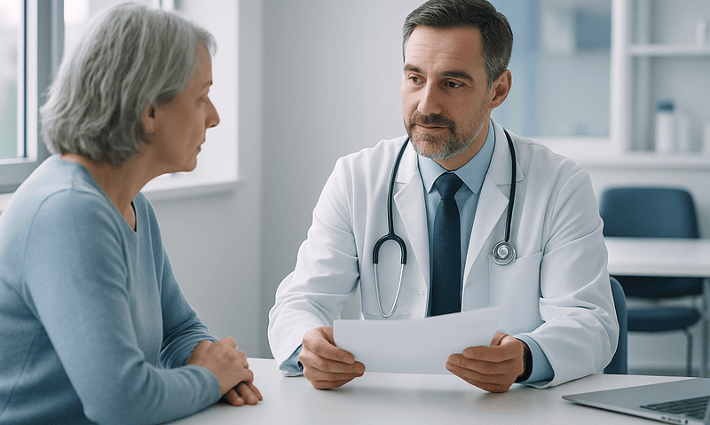 Doctor consulting with an elderly patient in a medical office setting.