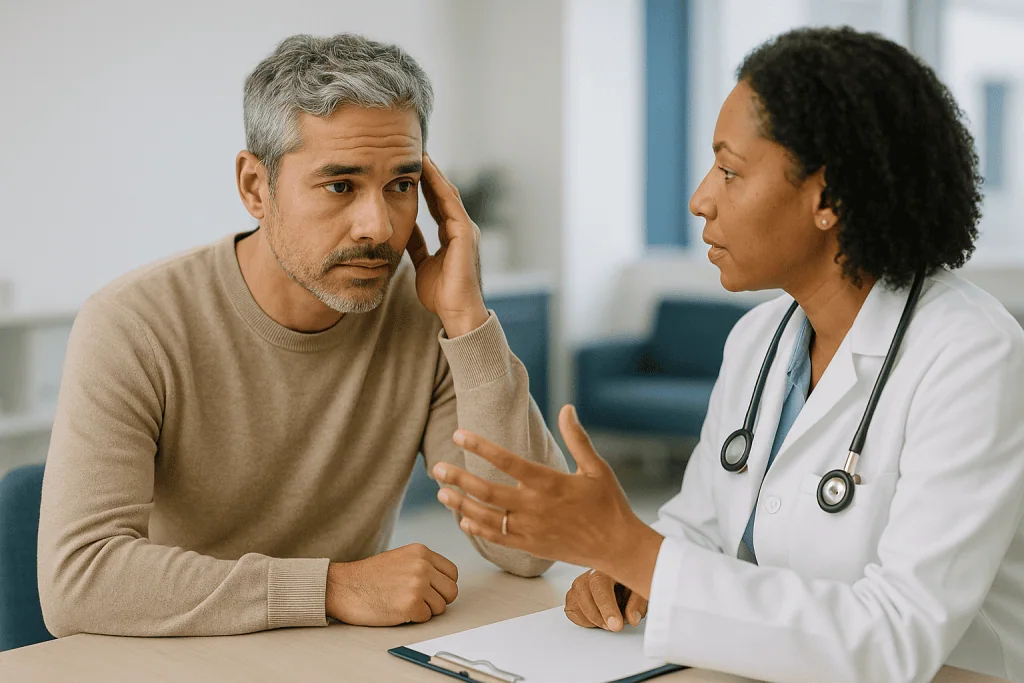Doctor consulting with male patient in clinical setting: Premature grey hair: when early greying deserves a closer look
