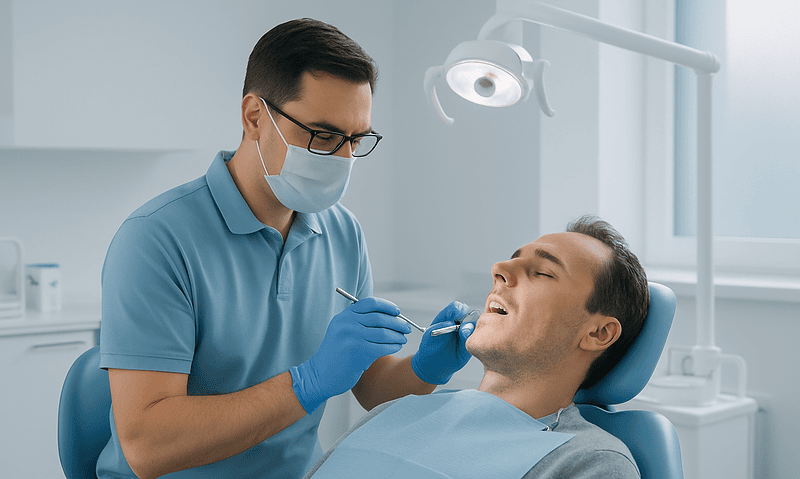 Dentist performing dental examination on patient in clinic.