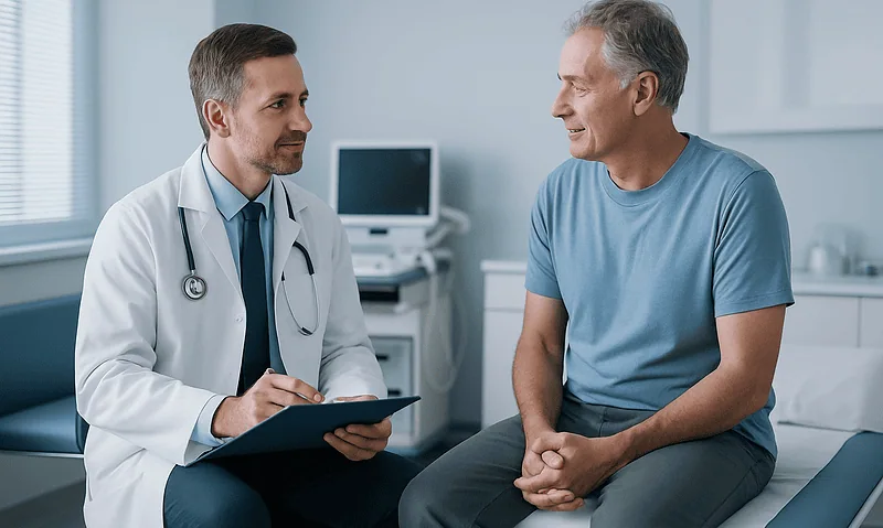 Doctor consulting with a male patient in a hospital room.